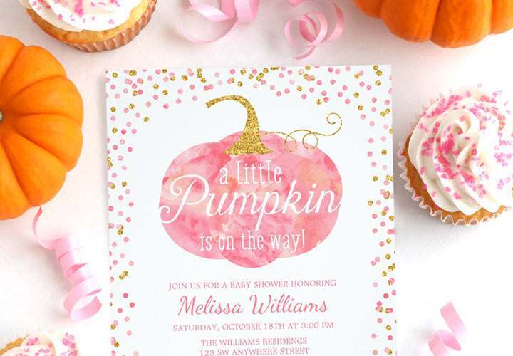 Pink and Gold Fall Pumpkin Baby Shower Invitations