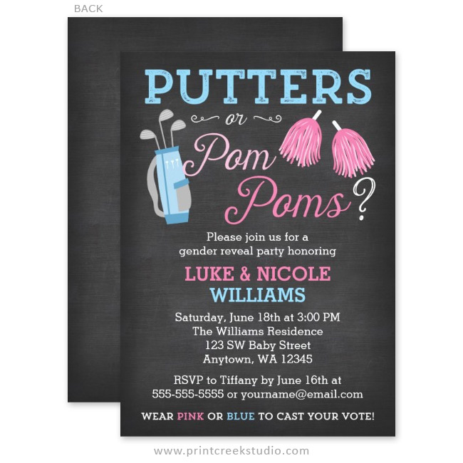 putters or pom poms gender reveal invitations