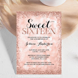 Rose gold glitter sweet 16 invitations