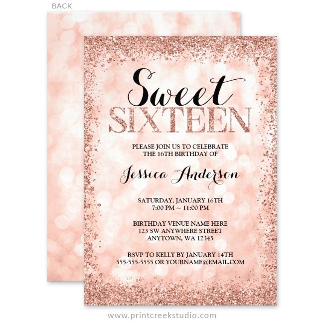 Rose gold glitter sweet 16 invitations