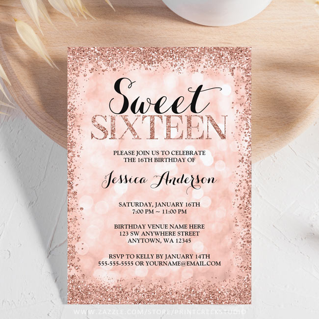 rose gold glitter sweet 16 invitations