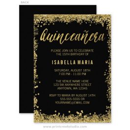 Gold glitter Quinceanera birthday invitations.