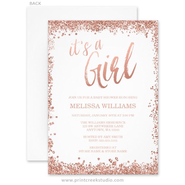 Rose gold girl baby shower invitations