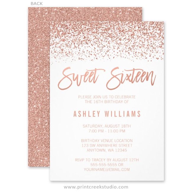 Rose gold glitter sweet 16 invitations