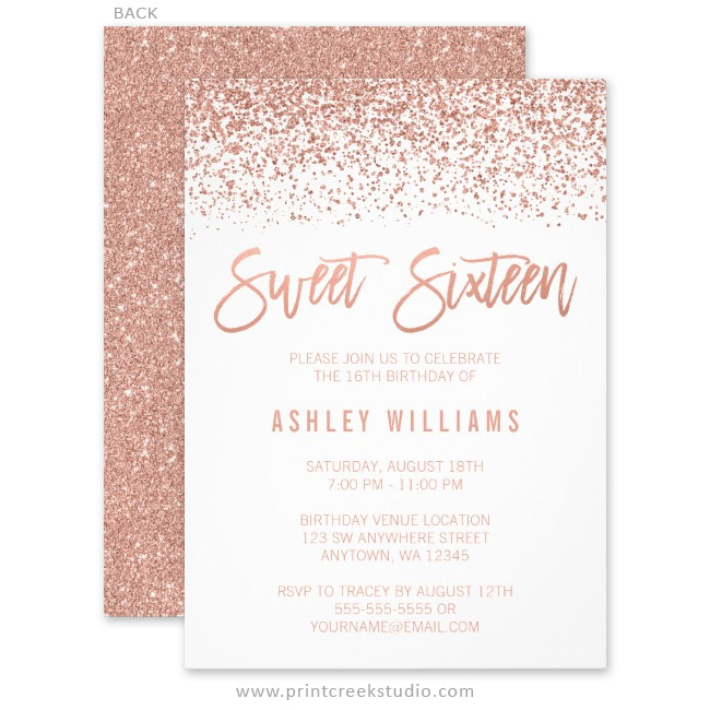 Moder Rose Gold Glitter Sweet 16 Invitations Print Creek Studio Inc