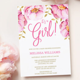 Pink Gold Floral Watercolor Baby Shower Invitation Template