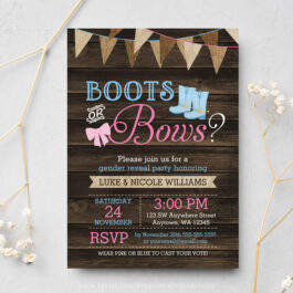 Rustic Boots or Bows Gender Reveal Baby Shower Invitations