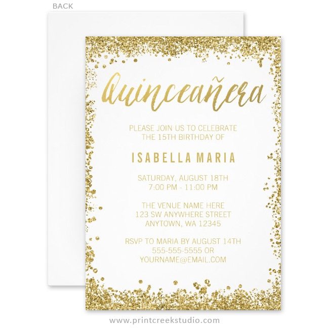 Gold Glitter Quinceanera 15th Birthday Invitations