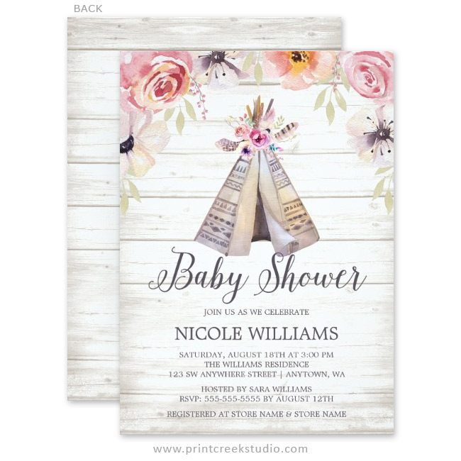 Tribal teepee girl baby shower invitations