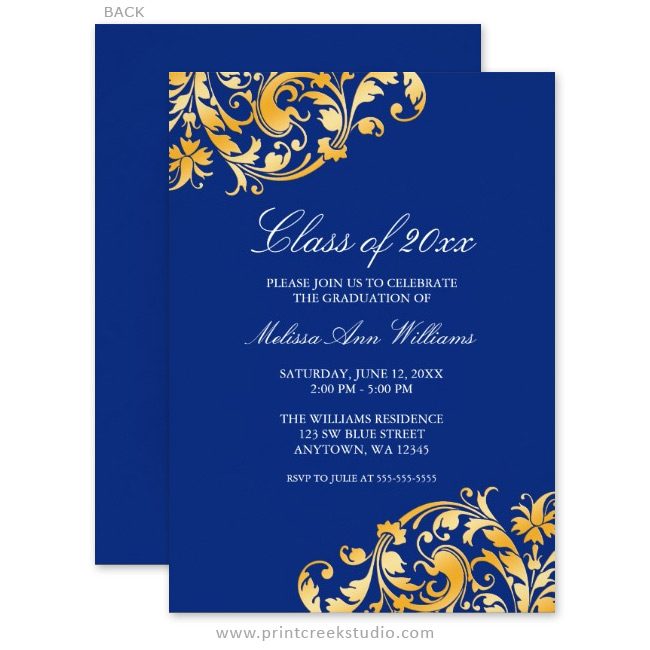 Blue and gold college graduation announcements