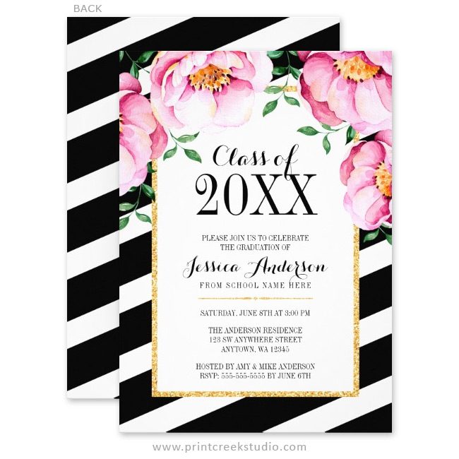 Pink and black graduation announcements