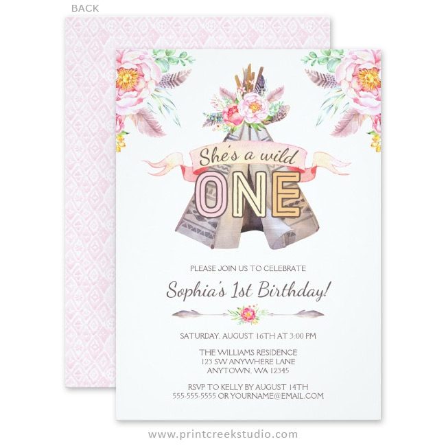 Wild one girl birthday invitations