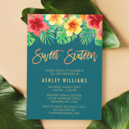 Tropical Watercolor Flowers Sweet 16 Birthday Invitations