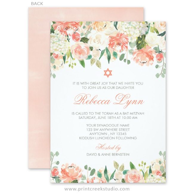 Watercolor floral Bat Mitzvah invitations