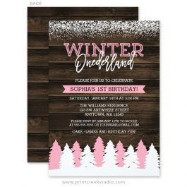 Pink winter onederland 1st birthday invitations