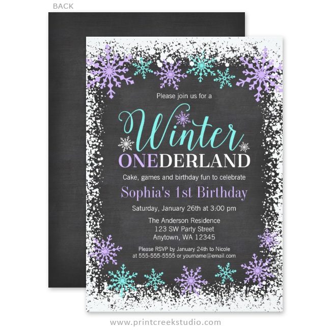 Purple winter onederland 1st birthday invitations