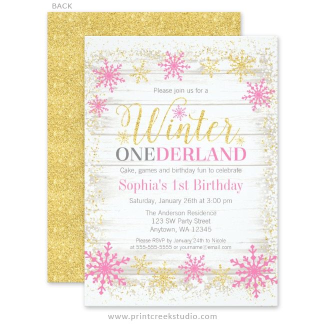 Pink gold winter wonderland 1st birthday invitations