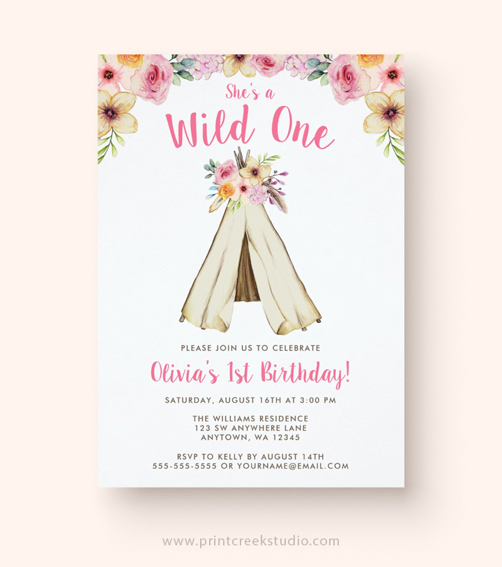 Tribal teepee girl birthday invitations