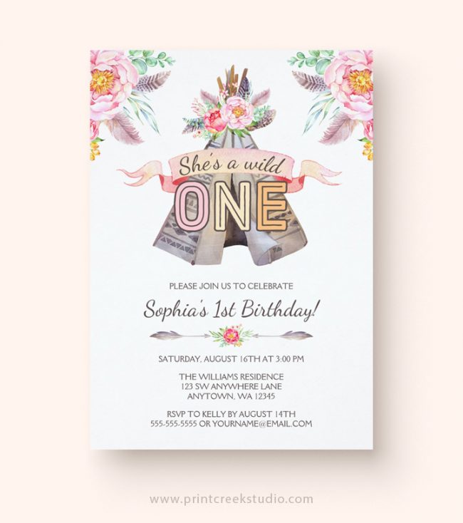 Boho Chic Tribal Teepee Girl Birthday Invitations - Print Creek Studio Inc