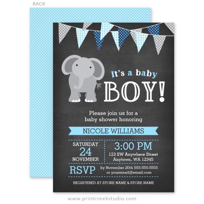 Blue and gray elephant boy baby shower invitations