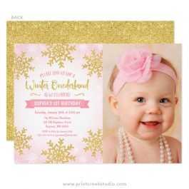 Pink and gold winter 1st birthday invitations
