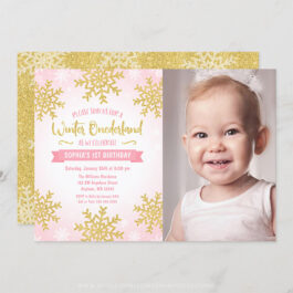 Pink Gold Winter ONEderland 1st Birthday Photo Invitations