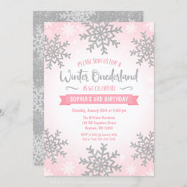 Pink Silver Winter ONEderland 1st Birthday Invitations