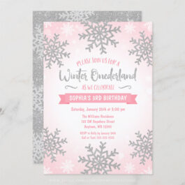 Pink Silver Winter ONEderland 1st Birthday Invitations