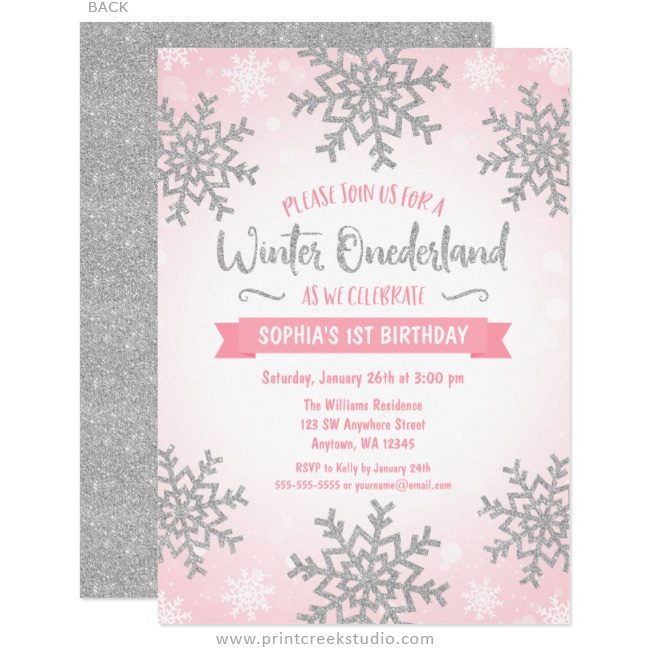 Pink and silver winter 1st birthday invitations
