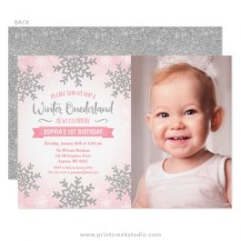 Pink and silver winter onederland invitations