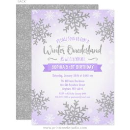 Purple and silver winter 1st birthday invitations