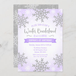 Purple Silver Winter ONEderland 1st Birthday Invitations