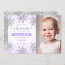 Purple Silver Winter ONEderland 1st Birthday Photo Invitations