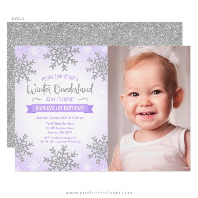 Purple and silver winter 1st birthday invitations
