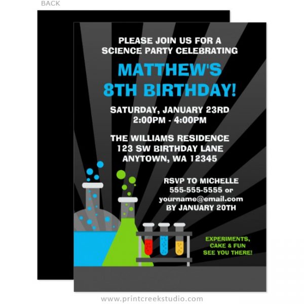 Science Theme Birthday Party Invitations Print Creek Studio Inc