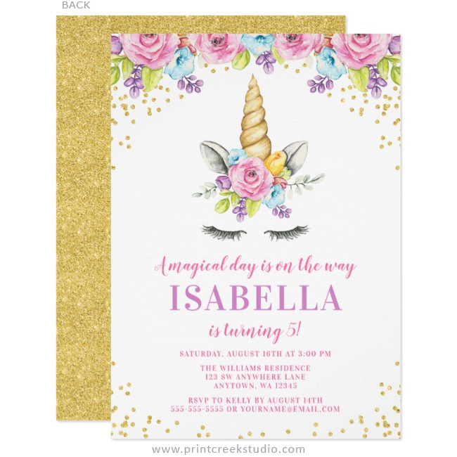 watercolor floral unicorn birthday invitations