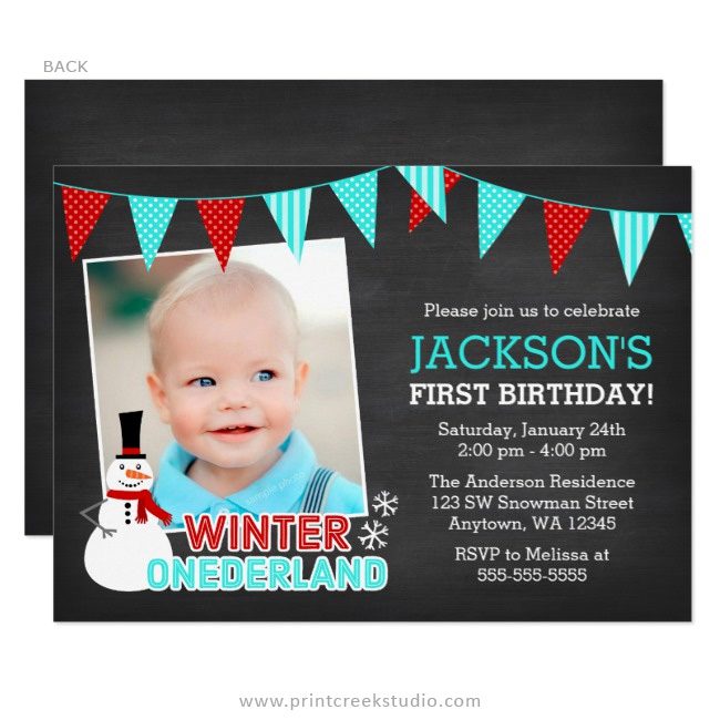 Winter onederland 1st birthday boy photo invitations