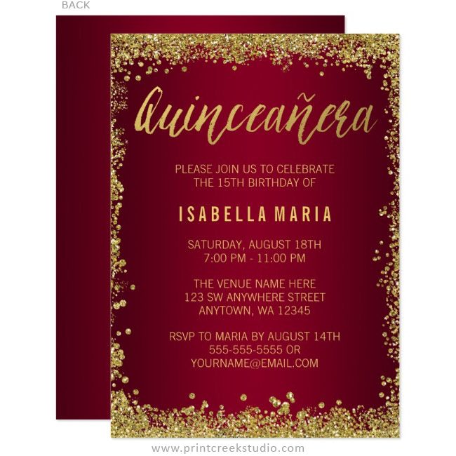 Burgundy Gold Glitter Quinceanera 15th Birthday Invitations Print Creek Studio Inc