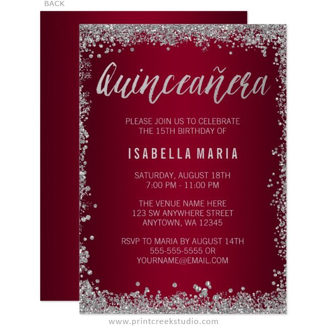 Burgundy and Silver Quinceanera Invitations