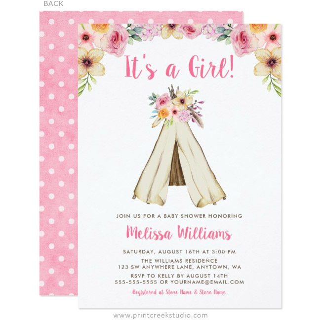 Boho baby shower invitations with a teepee and flowers.