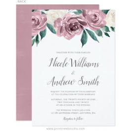 Mauve wedding invitations with watercolor roses.