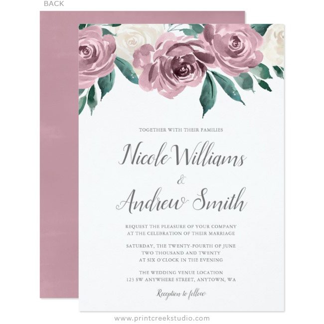 Mauve wedding invitations with watercolor roses.
