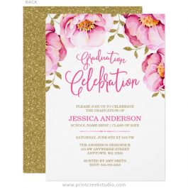 Floral watercolor graduation announcement in pink and gold.