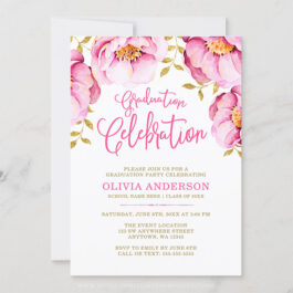 Pink Gold Floral Watercolor Graduation Invitations