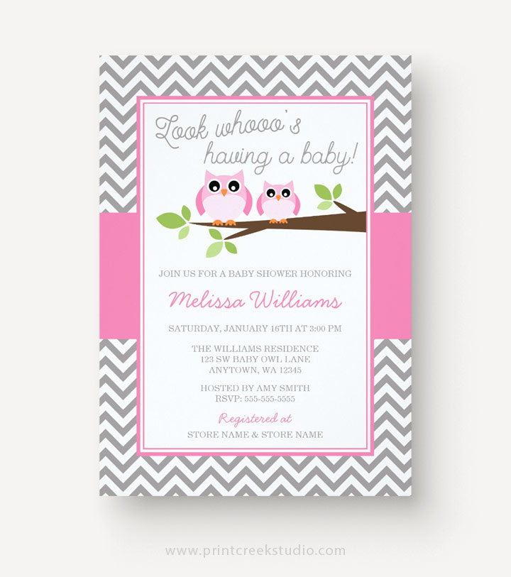 Pink and gray owl baby shower invitations for a girl.