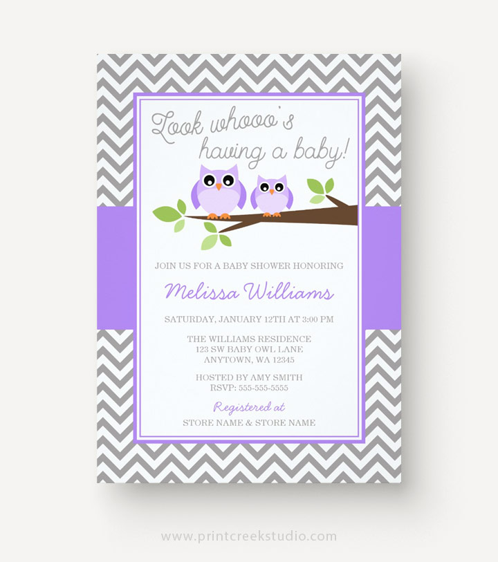 Purple and gray owl baby shower invitations for a girl.