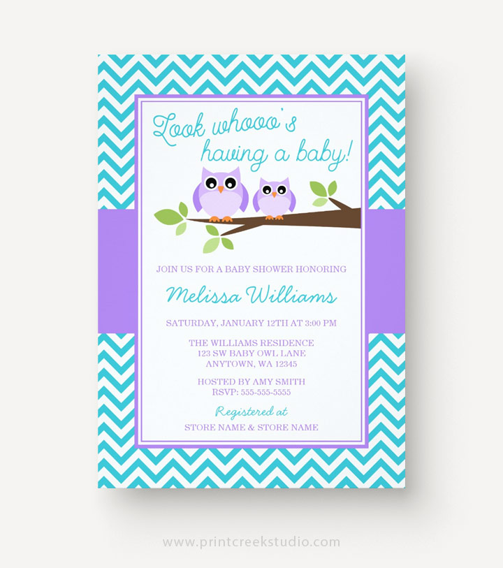 Purple and teal owl baby shower invitations.