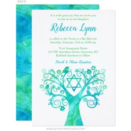 Teal blue and green Bat Mitzvah invitations with a watercolor tree of life.