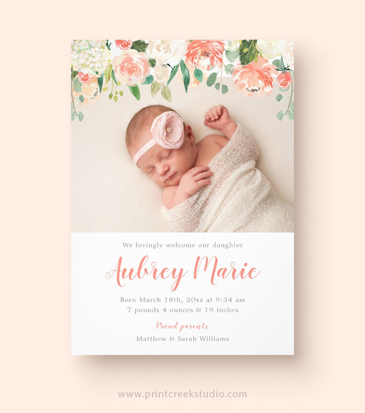 Modern floral birth announcement for a baby girl.