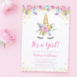 Watercolor Floral Unicorn Baby Shower Invitation Template